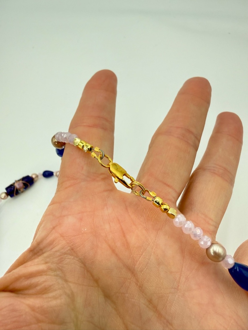 Venetian Wedding Cake Bead Necklace Blue Jade Genuine Pearl Pink Crystal 20” - Picture 11 of 17
